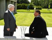 6 August 2020; The former player, referee and Republic of Ireland kit manager Charlie O'Leary has been announced as the 21st recipient of the Special Merit Award award, pictured with Niall Quinn, FAI Deputy Interim CEO, during the 3 FAI International Awards presentation at the FAI Headquarters in Abbotstown, Dublin. Photo by Ray McManus/Sportsfile