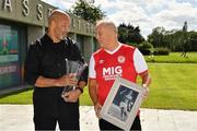 8 August 2020; The Football Association of Ireland have confirmed that Paul McGrath and Anne O'Brien have both been inducted into the Hall of Fame. Pictured is Paul McGrath and Paul O'Brien, brother of Anne O'Brien, during the 3 FAI International Awards presentation at the FAI Headquarters in Abbotstown, Dublin. Photo by Ray McManus/Sportsfile