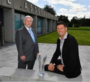 6 August 2020; The former player, referee and Republic of Ireland kit manager Charlie O'Leary has been announced as the 21st recipient of the Special Merit Award award, pictured with Niall Quinn, FAI Deputy Interim CEO, during the 3 FAI International Awards presentation at the FAI Headquarters in Abbotstown, Dublin. Photo by Ray McManus/Sportsfile