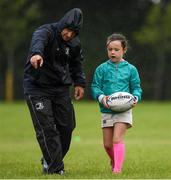 5 August 2020; Coach Niall Kane with Allice McCann, age 7, during the Bank of Ireland Leinster Rugby Summer Camp at Newbridge in Kildare. Photo by Matt Browne/Sportsfile