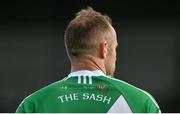 2 August 2020; A logo is seen on the back of the Sarsfields jersey during the Kildare Senior Football Championship Group C Round 1 match between Sarsfields and Johnstownbridge at St. Conleth’s Park in Newbridge, Kildare. GAA matches continue to take place in front of a limited number of people due to the ongoing Coronavirus restrictions. Photo by Brendan Moran/Sportsfile