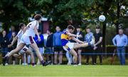5 August 2020; Thomas McDaniels of Castleknock shoots as Rutherson Real, left, and Seán Byrne of Raheny close in during the Dublin County Senior Football Championship Round 2 match between Raheny and Castleknock at St Anne's Park in Raheny, Dublin. Photo by Piaras Ó Mídheach/Sportsfile