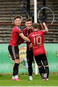 7 August 2020; Danny Grant, centre, is congratulated by Bohemians team-mates Andy Lyons, left, and Keith Ward after scoring his side's first goal during the SSE Airtricity League Premier Division match between Bohemians and Dundalk at Dalymount Park in Dublin. Photo by Stephen McCarthy/Sportsfile