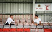 7 August 2020; Republic of Ireland manager Stephen Kenny in conversation with Republic of Ireland and Sheffield United defender Enda Stevens during the SSE Airtricity League Premier Division match between Bohemians and Dundalk at Dalymount Park in Dublin. Photo by Stephen McCarthy/Sportsfile