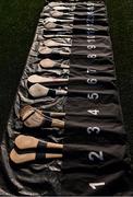 7 August 2020; Numbered hurls belonging to Thurles Sarsfields players ahead of the Tipperary County Senior Hurling Championship Group 3 Round 2 match between Loughmore-Castleiney and Thurles Sarsfields at Semple Stadium in Thurles, Tipperary. Photo by Sam Barnes/Sportsfile