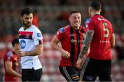 7 August 2020; Dan Casey reacts towards his Bohemians team-mate Rob Cornwall, right, following the final whistle of the SSE Airtricity League Premier Division match between Bohemians and Dundalk at Dalymount Park in Dublin. Photo by Stephen McCarthy/Sportsfile