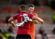 7 August 2020; Bohemians goalkeeper Stephen McGuinness, left, celebrates with team-mate Dan Casey following the SSE Airtricity League Premier Division match between Bohemians and Dundalk at Dalymount Park in Dublin. Photo by Stephen McCarthy/Sportsfile