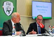 7 August 2020; FAI Independent Director Roy Barrett, right, and FAI President Gerry McAnaney during an FAI Press Conference following Special Meeting of FAI National Council at the Red Cow Moran's Hotel in Dublin. Photo by Brendan Moran/Sportsfile