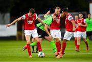 7 August 2020; Alex Kolger of Finn Harps in action against Luke McNally, left, Jamie Lennon and David Titov of St Patrick's Athletic during the SSE Airtricity League Premier Division match between St Patrick's Athletic and Finn Harps at Richmond Park in Dublin. Photo by Seb Daly/Sportsfile