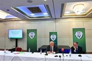 7 August 2020; FAI President Gerry McAnaney, left, and FAI Independent Chairperson Roy Barrett during an FAI Press Conference following Special Meeting of FAI National Council at the Red Cow Moran's Hotel in Dublin. Photo by Brendan Moran/Sportsfile