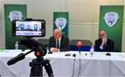 7 August 2020; FAI President Gerry McAnaney, left, and FAI Independent Chairperson Roy Barrett are recorded by a smartphone during an FAI Press Conference following Special Meeting of FAI National Council at the Red Cow Moran's Hotel in Dublin. Photo by Brendan Moran/Sportsfile