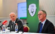 7 August 2020; FAI President Gerry McAnaney, left, and FAI Independent Chairperson Roy Barrett during an FAI Press Conference following Special Meeting of FAI National Council at the Red Cow Moran's Hotel in Dublin. Photo by Brendan Moran/Sportsfile