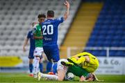 8 August 2020; Kurtis Byrne of Waterford appeals for handball as Kevin O'Connor and Mark McNulty of Cork City collide during the SSE Airtricity League Premier Division match between Waterford and Cork City at RSC in Waterford. Photo by Sam Barnes/Sportsfile