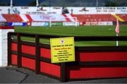 8 August 2020; Covid-19 signage is seen at The Showgrounds prior to the SSE Airtricity League Premier Division match between Sligo Rovers and Shelbourne at The Showgrounds in Sligo. Photo by Stephen McCarthy/Sportsfile