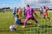 8 August 2020; David Cawley of Sligo Rovers scores his side's second goal past Shelbourne goalkeeper Colin McCabe during the SSE Airtricity League Premier Division match between Sligo Rovers and Shelbourne at The Showgrounds in Sligo. Photo by Stephen McCarthy/Sportsfile