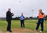 9 August 2020; Match referee Kevin Gallagher with team captains Laura Delany of Typhoons, centre, and Gaby Lewis of Scorchers at the toss ahead of the Women's Super Series match between Scorchers and Typhoons at Pembroke Cricket Club in Park Avenue, Dublin. Photo by Sam Barnes/Sportsfile