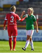 8 August 2020; Saoirse Noonan of Cork City and Jess Gleeson of Shelbourne following the FAI Women's National League match between Shelbourne and Cork City at Tolka Park in Dublin. Photo by Eóin Noonan/Sportsfile