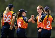 9 August 2020; Sophie MacMahon of Scorchers, second from right, celebrates with team-mates after bowling out Rebecca Stokell of Typhoons during the Women's Super Series match between Scorchers and Typhoons at Pembroke Cricket Club in Park Avenue, Dublin. Photo by Sam Barnes/Sportsfile