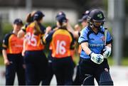 9 August 2020; Laura Delany of Typhoons walks after being caught by Shauna Kavanagh of Scorchers during the Women's Super Series match between Scorchers and Typhoons at Pembroke Cricket Club in Park Avenue, Dublin. Photo by Sam Barnes/Sportsfile