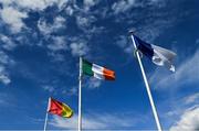 9 August 2020; The Irish tricolour flies alondside the colours of the two teams prior to the Mayo County Senior Football Championship Group 1 Round 3 match between Castlebar Mitchels and Breaffy at Páirc Josie Munnelly in Castlebar, Mayo. Photo by Brendan Moran/Sportsfile