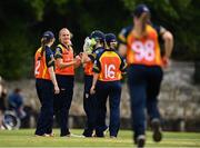 9 August 2020; Gaby Lewis of Scorchers, second from left, celebrates with team-mates after bowling Orla Prendergast of Typhoons during the Women's Super Series match between Scorchers and Typhoons at Pembroke Cricket Club in Park Avenue, Dublin. Photo by Sam Barnes/Sportsfile