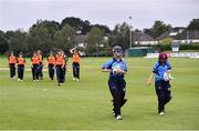 9 August 2020; Sarah Condron, left, and Celeste Raack of Typhoons leave the field at the end of their innings, after Celeste Raack was bowled by Caoimhe McCann of Scorchers during the Women's Super Series match between Scorchers and Typhoons at Pembroke Cricket Club in Park Avenue, Dublin. Photo by Sam Barnes/Sportsfile
