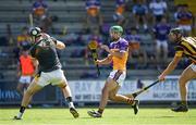 9 August 2020; Richie Lawlor of Faythe Harriers shoots to score his side's first goal past Brian Murphy of Shelmaliers during the Wexford County Senior Hurling Championship Quarter-Final match between Faythe Harriers and Shelmaliers at Chadwicks Wexford Park in Wexford. Photo by Harry Murphy/Sportsfile