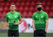 9 August 2020; Graham Burke, left, and Ronan Finn of Shamrock Rovers prior to the SSE Airtricity League Premier Division match between Derry City and Shamrock Rovers at Ryan McBride Brandywell Stadium in Derry. Photo by Stephen McCarthy/Sportsfile