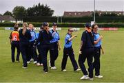9 August 2020; Players from both sides knock elbows following the Women's Super Series match between Scorchers and Typhoons at Pembroke Cricket Club in Park Avenue, Dublin. Photo by Sam Barnes/Sportsfile