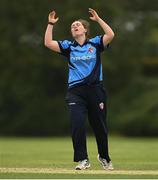 9 August 2020; Laura Delany of Typhoons reacts to a delivery during the Women's Super Series match between Scorchers and Typhoons at Pembroke Cricket Club in Park Avenue, Dublin. Photo by Sam Barnes/Sportsfile
