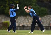 9 August 2020; Amy Hunter, left, and Laura Delany of Typhoons celebrate the wicket of Gaby Lewis of Scorchers during the Women's Super Series match between Scorchers and Typhoons at Pembroke Cricket Club in Park Avenue, Dublin. Photo by Sam Barnes/Sportsfile