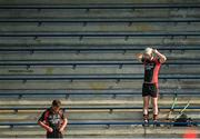 9 August 2020; Billy Dunne, right, and Ian Storey of Oulart-The Ballagh get ready for the warm-up in the stand prior to the Wexford County Senior Hurling Championship Quarter-Final match between St Anne's Rathangan and Oulart-The Ballagh at Chadwicks Wexford Park in Wexford. Photo by Harry Murphy/Sportsfile