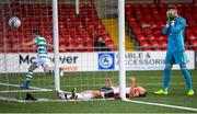 9 August 2020; Derry City goalkeeper Peter Cherrie and Colm Horgan react to conceding their first goal as Dean Williams of Shamrock Rovers runs away in celebration during the SSE Airtricity League Premier Division match between Derry City and Shamrock Rovers at Ryan McBride Brandywell Stadium in Derry. Photo by Stephen McCarthy/Sportsfile