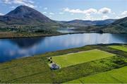 10 August 2020; An aerial view of Glentornan Park, home of Dunlewey Celtic, in Donegal. The pitch is on the shore of Dunlewey Lough, and at the base of Mount Errigal, which is Donegal's tallest peak at 751m. Photo by Ramsey Cardy/Sportsfile