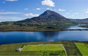 10 August 2020; An aerial view of Glentornan Park, home of Dunlewey Celtic, in Donegal. The pitch is on the shore of Dunlewey Lough, and at the base of Mount Errigal, which is Donegal's tallest peak at 751m. Photo by Ramsey Cardy/Sportsfile