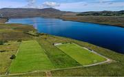 10 August 2020; An aerial view of Glentornan Park, home of Dunlewey Celtic, in Donegal. The pitch is on the shore of Dunlewey Lough, and at the base of Mount Errigal, which is Donegal's tallest peak at 751m. Photo by Ramsey Cardy/Sportsfile