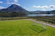 10 August 2020; An aerial view of Glentornan Park, home of Dunlewey Celtic, in Donegal. The pitch is on the shore of Dunlewey Lough, and at the base of Mount Errigal, which is Donegal's tallest peak at 751m. Photo by Ramsey Cardy/Sportsfile