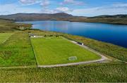 10 August 2020; An aerial view of Glentornan Park, home of Dunlewey Celtic, in Donegal. The pitch is on the shore of Dunlewey Lough, and at the base of Mount Errigal, which is Donegal's tallest peak at 751m. Photo by Ramsey Cardy/Sportsfile