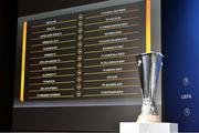 10 August 2020; A general view of the draw result including Bohemian FC during the UEFA Europa League 2020/21 First Qualifying Round Draw at the UEFA Headquarters, The House of European Football in Nyon, Switzerland. Photo by UEFA via Sportsfile
