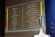 10 August 2020; A general view of the draw result including Shamrock Rovers FC during the UEFA Europa League 2020/21 First Qualifying Round Draw at the UEFA Headquarters, The House of European Football in Nyon, Switzerland. Photo by UEFA via Sportsfile