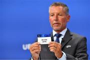 9 August 2020; UEFA Head of Club Competitions Michael Heselschwerdt draws out the name of NK Celje during the UEFA Champions League 2020/21 First Qualifying Round Draw at the UEFA Headquarters, The House of European Football in Nyon, Switzerland. Photo by UEFA via Sportsfile