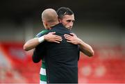 9 August 2020; Aaron McEneff and Shamrock Rovers coach Glenn Cronin following the SSE Airtricity League Premier Division match between Derry City and Shamrock Rovers at Ryan McBride Brandywell Stadium in Derry. Photo by Stephen McCarthy/Sportsfile