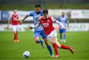 10 August 2020; Jason McClelland of St Patrick's Athletic in action against Stephen Folan of Finn Harps during the Extra.ie FAI Cup First Round match between Finn Harps and St. Patrick's Athletic at Finn Park in Ballybofey, Donegal. Photo by Stephen McCarthy/Sportsfile