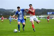 10 August 2020; Stephen Folan of Finn Harps in action against Martin Rennie of St Patrick's Athletic during the Extra.ie FAI Cup First Round match between Finn Harps and St. Patrick's Athletic at Finn Park in Ballybofey, Donegal. Photo by Stephen McCarthy/Sportsfile