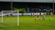 10 August 2020; Ryan Connolly of Finn Harps shoots to score his side's first goal during the Extra.ie FAI Cup First Round match between Finn Harps and St. Patrick's Athletic at Finn Park in Ballybofey, Donegal. Photo by Stephen McCarthy/Sportsfile