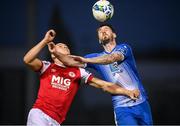 10 August 2020; Stephen Folan of Finn Harps in action against Georgie Kelly of St Patrick's Athletic during the Extra.ie FAI Cup First Round match between Finn Harps and St. Patrick's Athletic at Finn Park in Ballybofey, Donegal. Photo by Stephen McCarthy/Sportsfile