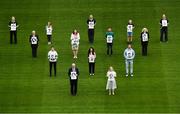 12 August 2020; The GAA Museum Remembers Bloody Sunday tragedy: The team at the GAA Museum remember the 14 victims who lost their lives in the Bloody Sunday tragedy 100 years on at the launch of the GAA Museum’s Bloody Sunday centenary events series at Croke Park. Pictured here are, back row, from left, Croke Park Tour Guide Aran O’Reilly, Croke Park Chief Steward Mick Leddy, Alannah Behan from Glasnevin in Dublin, Tipperary footballer Bill Maher, Uachtarán Chumann Lúthchleas Gael John Horan, Dr. Siobhán Doyle of TU Dublin, Director of the GAA Museum Niamh McCoy, Croke Park Tour Guide Martin Healy, GAA Museum Education & Events Manager, Julianne McKeigue, a descendent of Tipperary footballer Michael Hogan who was killed during the Bloody Sunday attack, Artist David Sweeney, Dublin footballer Michael Darragh MacAuley, Michael McLoughlin of Glasnevin in Dublin, Croke Park Deputy Chief Steward Mairead O’Carroll and Croke Park Tour Guide Gerry McGarry all holding drawings of the 14 victims of the tragedy. For a full list of events over the coming months visit www.crokepark.ie/bloodysunday. Photo by Harry Murphy/Sportsfile