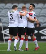 11 August 2020; Sean Hoare is congratulated by Dundalk team-mates Brian Gartland, left, and Patrick Hoban, right, after scoring his side's first goal during the Extra.ie FAI Cup First Round match between Dundalk and Waterford FC at Oriel Park in Dundalk, Louth. Photo by Stephen McCarthy/Sportsfile