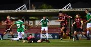 11 August 2020; Ricardo Dinanga of Cork City scores his side's first goal despite the efforts of Joe Gorman of Longford Town during the Extra.ie FAI Cup First Round match between Cork City and Longford Town at Turners Cross in Cork. Photo by Eóin Noonan/Sportsfile