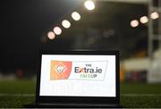 11 August 2020; A laptop is seen on the Oriel Park pitch featuring the WatchLOI streaming service following the Extra.ie FAI Cup First Round match between Dundalk and Waterford FC at Oriel Park in Dundalk, Louth. Photo by Stephen McCarthy/Sportsfile